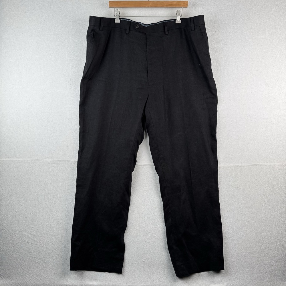 Ralph Lauren Solid Black 100 % Linen Pants Flat Front Men's‎ Trousers Fits 42x31